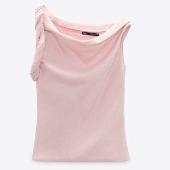 ZARA TWISTED ASYMMETRIC Linen Blend Pink Top Bloggers Fave Sz Medium - Picture 2 of 16